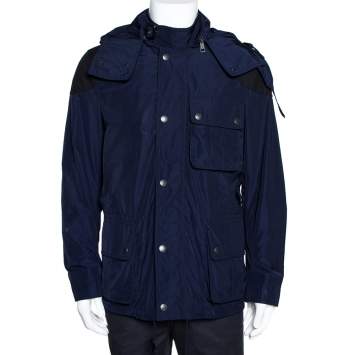 Pre Owned Burberry Brit Navy Blue Zip Front Hooded Jacket M
