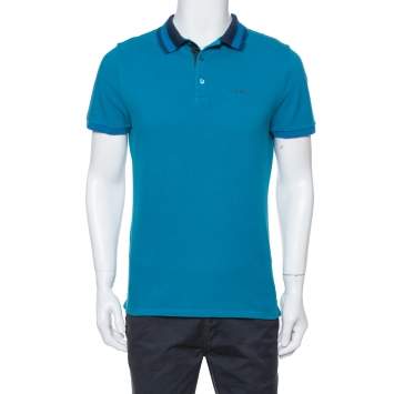 Pre Owned Burberry Teal Cotton Pique Striped Collar Polo T-Shirt L