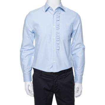 Pre Owned Burberry Light Blue Cotton Oxford Ruffled Detail Long Sleeve Shirt M