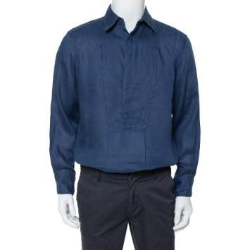 Pre Owned Burberry Navy Blue Linen Bib Detail Tunic Shirt M