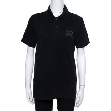 Pre Owned Burberry Black Cotton Embroidered Logo Slim Fit Polo T-Shirt S