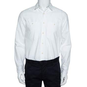 Pre Owned Burberry White Cotton Oxford Contrast Check Trim Button Front Shirt M