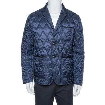 Pre Owned Burberry Brit Navy Blue Leather Trim Detail Quilted Jacket M