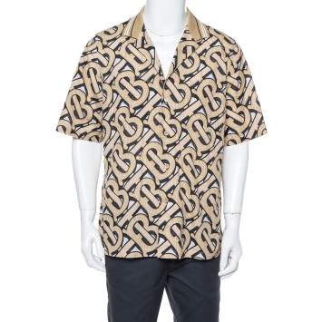 مملوكة مسبقًا Burberry Brown TB Logo Monogram Cotton & Knit Collar Detail Bowling Shirt L