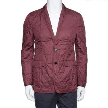 Pre Owned Burberry Burgundy Quilted Synthetic Long Jacket L