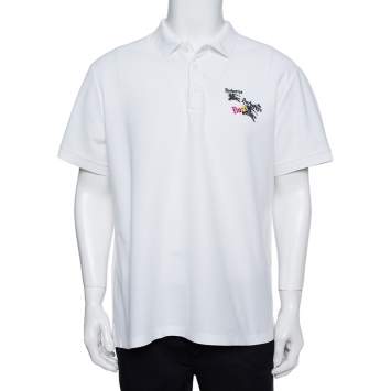 Pre Owned Burberry White Cotton Pique Triple Archive Logo Embroidered Polo T-Shirt XL