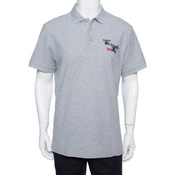 Pre Owned Burberry Grey Cotton Pique Triple Archive Logo Embroidered Polo T-Shirt XL