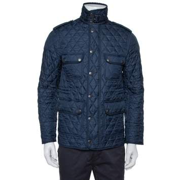 Pre Owned Burberry Brit Navy Blue Synthetic Diamond Quilted Zipper Front Jacket XS