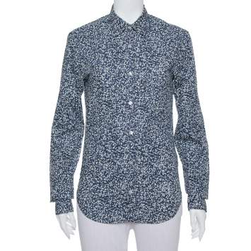 Pre Owned Burberry Brit Navy Blue Printed Cotton Button Front Shirt XS