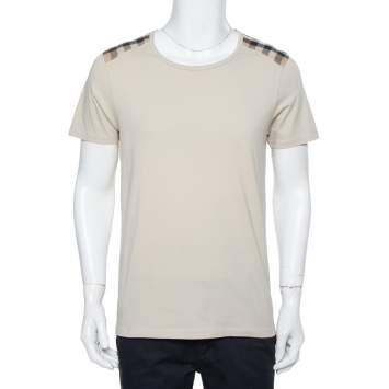 Pre Owned Burberry Beige Novacheck Shoulder Patch Detail T-Shirt L