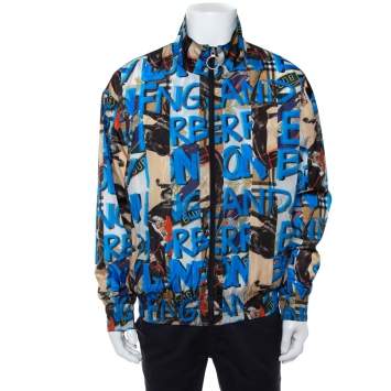 Pre Owned Burberry Blue Graffiti Printed Synthetic Zipper Front Shell Jacket XL