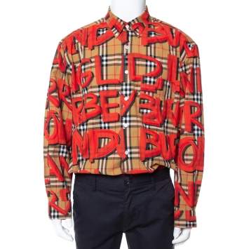 Pre Owned Burberry Beige Nova Check Cotton Graffiti Print Long Sleeve Jameson Shirt XXXL