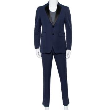 Pre Owned Burberry Navy Blue Wool Contrast Satin Trim Detail Millbank Tuxedo Suit M