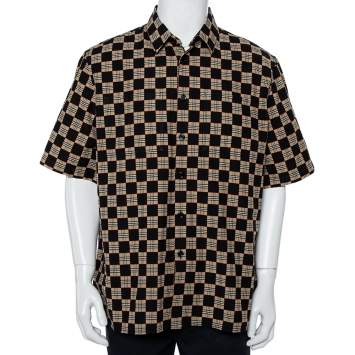 Pre Owned Burberry Black & Beige Checkered Cotton Short Sleeve Shirt XL
