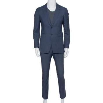 Pre Owned Burberry Navy Blue Patterned Wool Millbank Travel Suit M