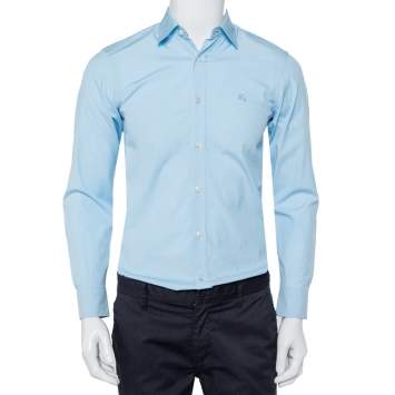 Pre Owned Burberry Blue Cotton Nova Check trim Detail Button Front Shirt XS