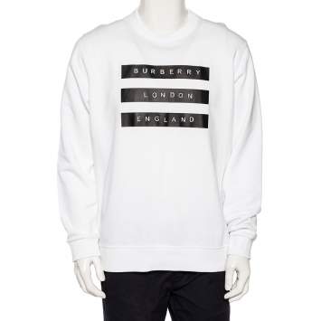 Pre Owned Burberry White Logo Tape Printed Cotton Knit Sweatshirt L 