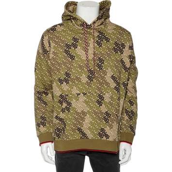 Pre Owned Burberry Green Logo Camouflage Printed Cotton Knit Hoodie L