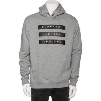 Pre Owned Burberry Grey Logo Tape Printed Cotton Knit Hoodie M 