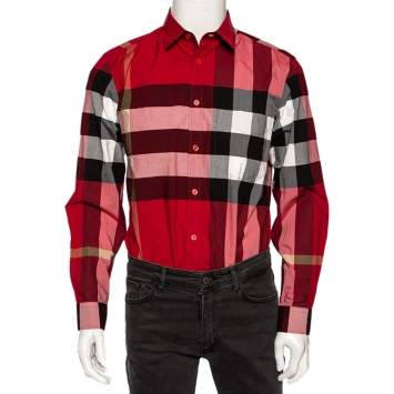 Pre Owned Burberry Red Checkered Cotton Stretch Button Front Shirt M 