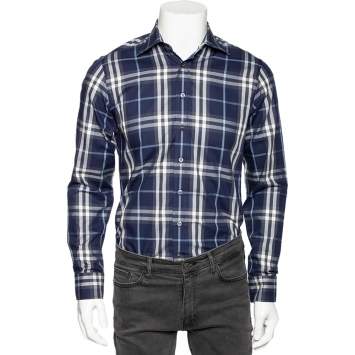 Pre Owned Burberry Navy Blue Checkered Cotton Button Front Shirt S