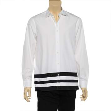 Pre Owned Burberry White Cotton Striped Hem Detail Button Front Shirt L