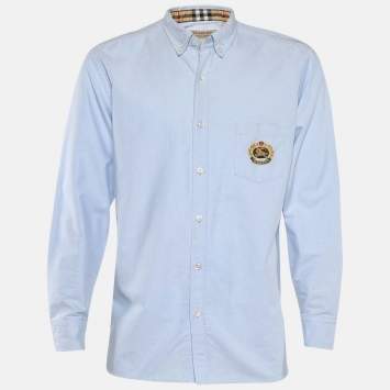 Pre Owned Burberry Blue Cotton Embroidered Pocket Long Sleeve Shirt XXL
