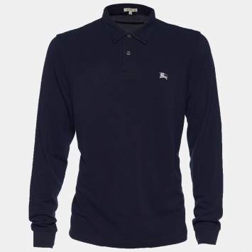 مملوكة مسبقًا Burberry London Navy Blue Pique Cotton Long Sleeve Polo T-Shirt XL