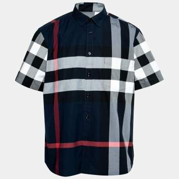 Pre Owned Burberry Navy Blue Checked Cotton Short Sleeve Shirt XXL
