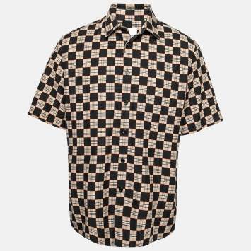 Pre Owned Burberry Black & Beige Checkerboard Printed Cotton Short Sleeve Shirt M