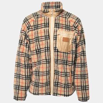 Pre Owned Burberry Beige Vintage Check Fleece Zip Front Jacket XL
