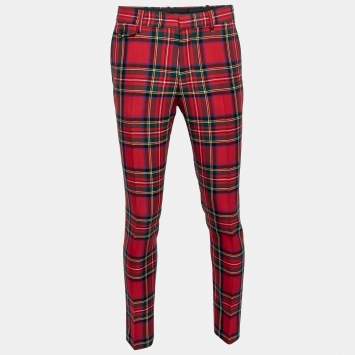 Pre Owned Burberry Red Tartan Wool Slim Fit Trousers M