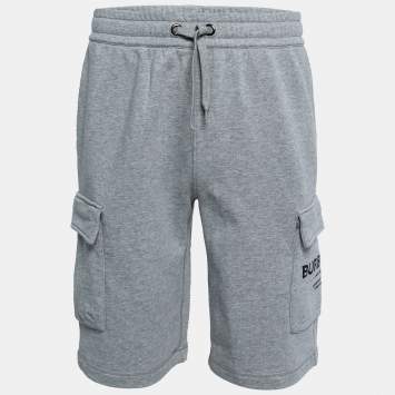 Pre Owned Burberry Grey Cotton Logo Printed Drawstring Shorts S