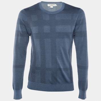 Pre Owned Burberry Navy Blue Elmshurst Check Silk Knit Crewneck Sweater L