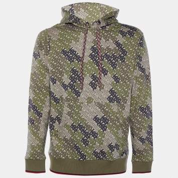 Pre Owned Burberry Green Camouflage Monogram Printed Cotton Knit Hoodie S