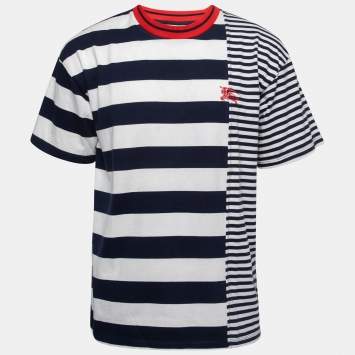 Pre Owned Burberry Blue Striped Cotton Crewneck T-Shirt M