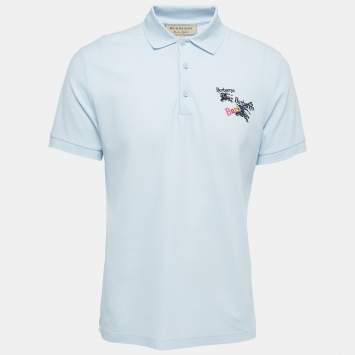 Pre Owned Burberry Light Blue Logo Embroidered Cotton Pique Polo T-Shirt M