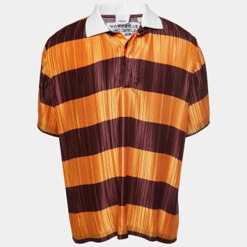 Pre Owned Burberry Brown/Orange Striped Plisse Pleated Polo T-Shirt M