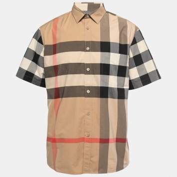 Pre Owned Burberry Beige Checked Cotton Button Front Half Sleeve Shirt XXL