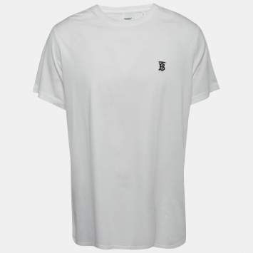 Pre Owned Burberry White Logo Embroidered Cotton Crew Neck Short Sleeve T-Shirt XL