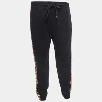 Pre Owned Burberry Black Cotton Vintage Check Paneled Jog Pants XL