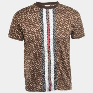 Pre Owned Burberry Brown TB Monogram Striped Cotton Crew Neck T-Shirt XS