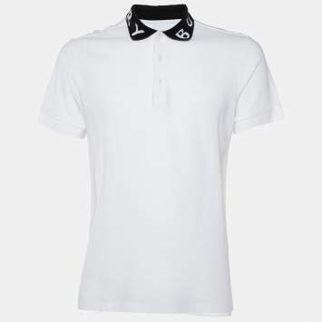 Pre Owned Burberry White Cotton Pique Contrast Logo Collar Detail Polo T-Shirt M