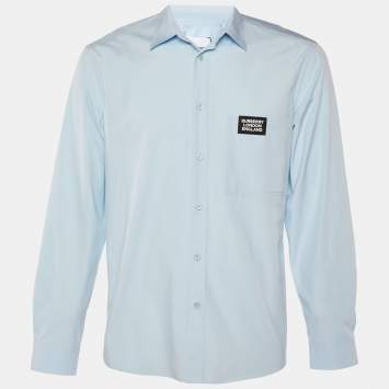 Pre Owned Burberry Blue Logo Pocket Detail Cotton Button Front Shirt L