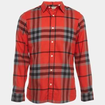 Pre Owned Burberry Orange Checked Cotton Long Sleeve Button Front Shirt M