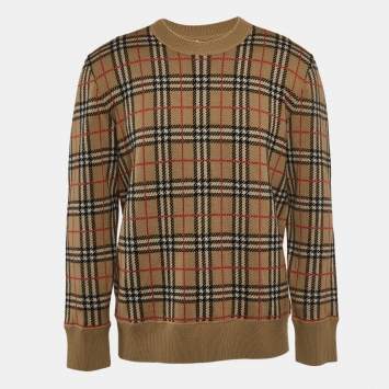 Pre Owned Burberry Beige Checked Merino Wool Knit Crew Neck Sweatshirt M