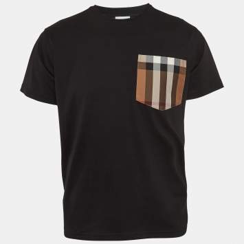 مملوكة مسبقًا Burberry Black Cotton Checked Pocket Detail Crew Neck T-Shirt XS