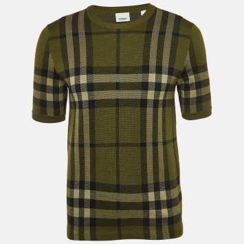 مملوكة مسبقًا Burberry Green Plaid Wool Blend Knit T-Shirt XS