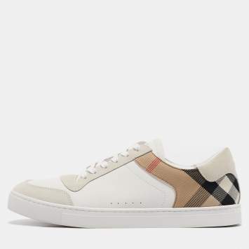 Pre Owned Burberry White/Beige Leather and House Check Canvas New Reeth Sneakers Size 45