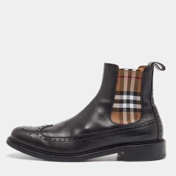 Pre Owned Burberry Black Vintage Check Detail Leather Chelsea Boots Size 45